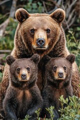 Fototapeta premium Three brown bears relax in a green meadow, surrounded by tall grass and wildflowers