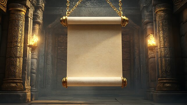 A blank scroll hangs from chains in a grand stone hall.