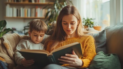 Obraz premium Mother reading a book to children on a cozy living room couch.