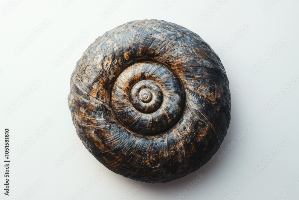 Poster close-up view of a snail shell on a white surface