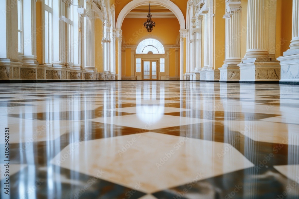 Poster a room with a checkered floor and columns, suitable for interior design or architecture concepts