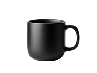 Black ceramic mug on a transparent background.