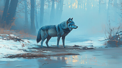 Lone Wolf Standing Alert in Mystical Blue Winter Forest