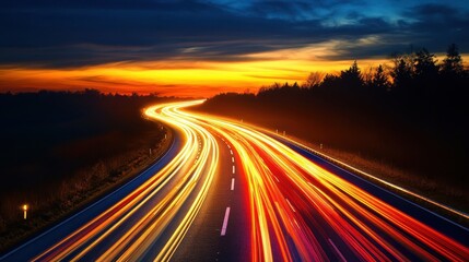 Fototapeta premium Night scene of a highway illuminated by vibrant streaks of car lights.