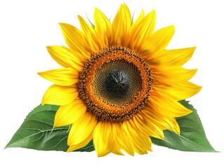 Obraz premium Bright sunflower with green leaves, transparent background.