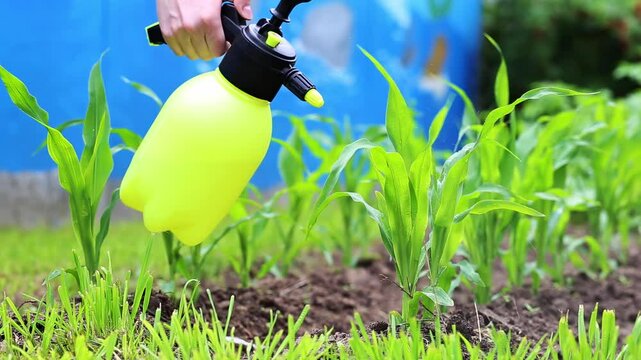 Spraying corn plants with herbicide in the summer at the dacha. Protection from pests and diseases during the growing season, high yield. Agriculture, copy space for text