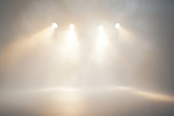 A foggy room illuminated by three spotlights