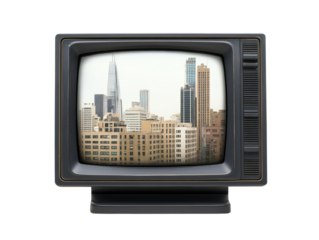 Vintage television displaying modern city skyline scene on a transparent background.