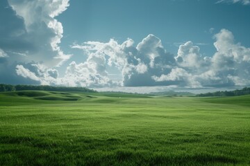 Obraz premium A serene natural scene with a green field and fluffy white clouds