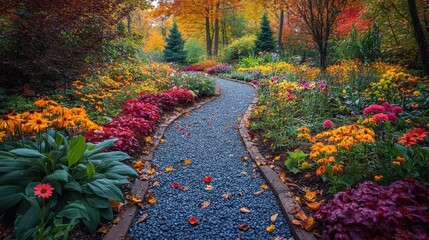 Pathway through a garden with fall flowers