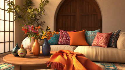 Cozy Autumn Living Room: Warm and inviting living room interior design with earthy tones, vibrant pillows, and a wooden coffee table. Perfect for autumn vibes and home decor inspiration.