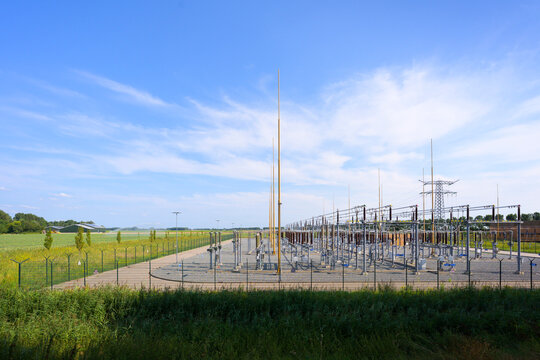 High voltage electric power substation under sky