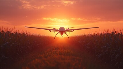 Fototapeta premium Drone flying over cornfield at sunset