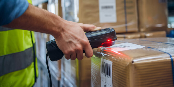 A courier scans the barcode of a package using a handheld scanner, ensuring precise tracking during the delivery process. An essential task in the logistics cycle.