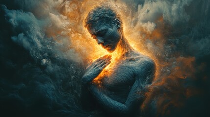 Person holding chest in pain surrounded by swirling dark colors.