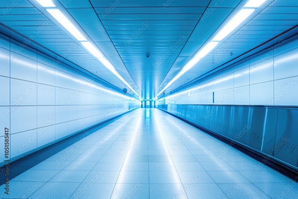 Poster a long hallway with a single light source at the far end, ideal for use in scenes where someone is w
