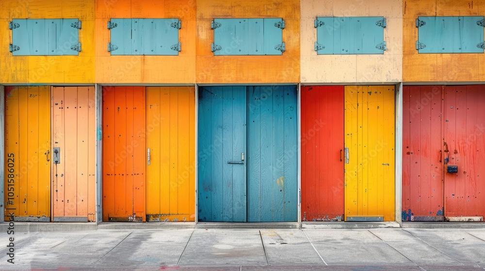 Poster a row of colorful doors on the facade of a building, perfect for use in interior design or architect