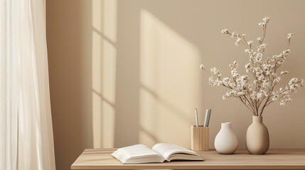 Peaceful Minimalist Desk Setup: A serene image featuring a wooden desk with a vase of dried flowers, an open book, and a wooden pencil holder.