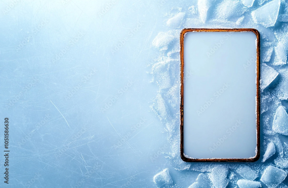 Poster frozen surface with rectangular frame surrounded by ice, creating cool atmosphere