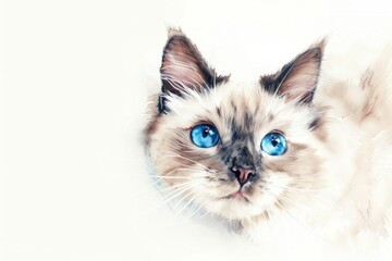 A close-up view of a domestic cat with striking blue eyes