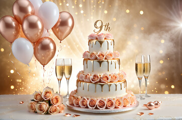 9th wedding anniversary celebration. Wedding cake, champagne and bouquet of rose flower. Romantic background.
