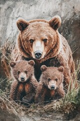 Obraz premium A mother bear holding and protecting her cubs in the wilderness