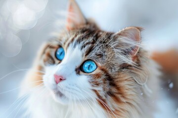 A close-up shot of a domestic cat's face, featuring striking blue eyes
