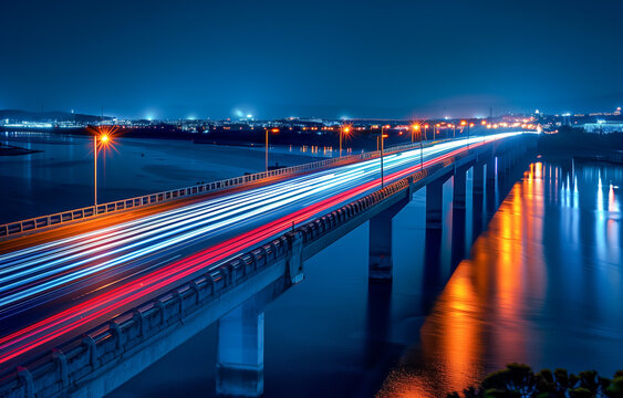 Long exposure of light trails on bridge over river at night