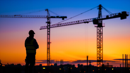Silhouette of construction worker with cranes at sunset