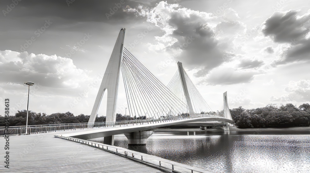 Poster modern bridge architecture at putrajaya on a black and white. architecture modern. ultra realistic. 