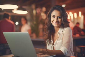 Fototapeta premium Smiling business woman using a laptop on a city at night