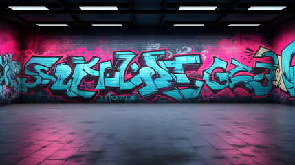 Naklejka premium Colorful graffiti wall in urban underground space with neon lighting