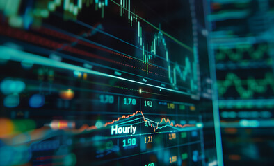 Fototapeta premium A stock market graph with candlestick charts, displaying financial data and numbers on an abstract background