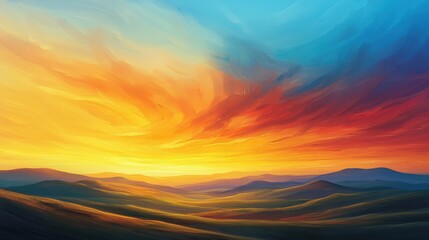 Fototapeta premium Radiant sunset casting a golden glow over rolling hills, with wispy clouds adding texture to the colorful sky.