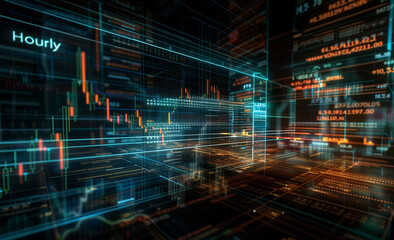 Obraz premium A stock market graph with candlestick charts, displaying financial data and numbers on an abstract background