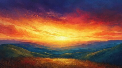 Obraz premium Radiant sunset casting a golden glow over rolling hills, with wispy clouds adding texture to the colorful sky.