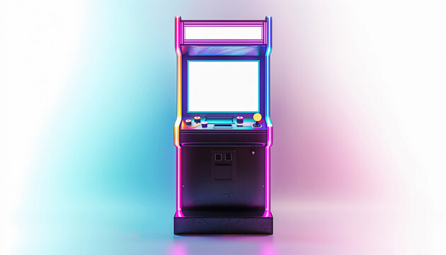 Glow neon retro arcade machine glowing lights blank white screen vaporwave gradient pink blue futuristic gaming console mockup 80s style nostalgia digital display copy space template gamer advert game