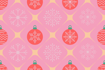 Christmas seamless pattern. Snowflakes,  Christmas ball and ornaments background design for decoration on Christmas card, banner, wrapping, wallpaper, textile, fashion.