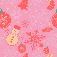 Christmas seamless pattern. Snowflakes,  Christmas ball and ornaments background design for decoration on Christmas card, banner, wrapping, wallpaper, textile, fashion.