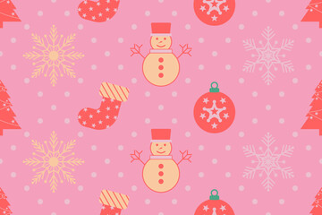 Christmas seamless pattern. Snowflakes,  Christmas ball and ornaments background design for decoration on Christmas card, banner, wrapping, wallpaper, textile, fashion.