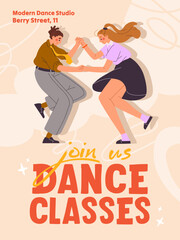 Dancing master class event poster design. Promotion template of music performance from young artists. Advertising of lindy hop, twist, jazz lessons in school of dancers. Flat vector illustration