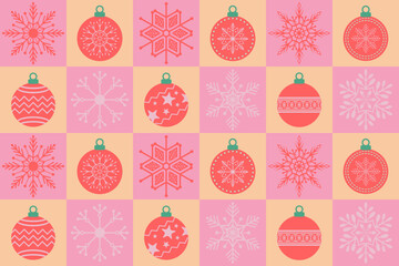 Christmas seamless pattern. Snowflakes,  Christmas ball and ornaments background design for decoration on Christmas card, banner, wrapping, wallpaper, textile, fashion.