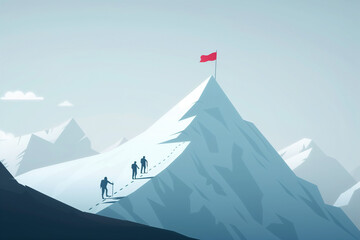 Flat vector illustration of an isolated mountain peak with a red flag on top, and a path to the summit in a flat design style isometric