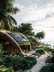A sustainable eco-resort features innovative architecture with renewable energy, living roofs, and natural materials, promoting environmentally conscious travel.