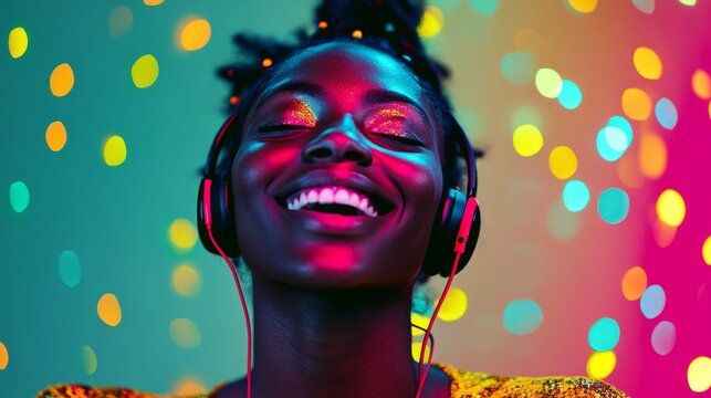 A joyful black person wearing earphones, immersed in music, their face radiating happiness and relaxation, creating an inspiring and energetic vibe, ideal for modern music and lifestyle visuals