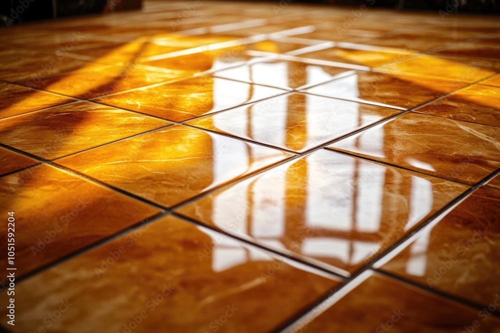 Poster close-up shot of a tiled floor with a window in the background, suitable for use in interior design 