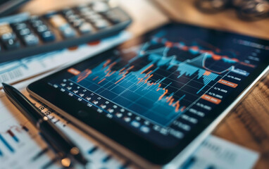 A close-up of financial graphs and charts on paper, with an iPad displaying data in the background