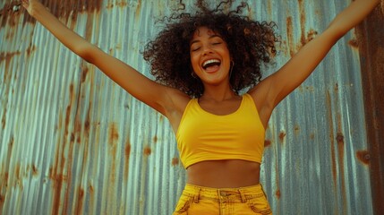 A woman stands with her arms raised, conveying a sense of freedom or joy