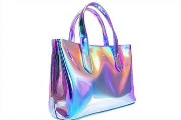 This shimmering, iridescent bag features a distinctive design that elevates contemporary style against a clean backdrop.