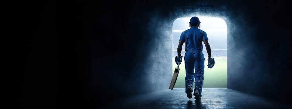Back view of man, professional cricketer, dressed in blue uniform, walking through tunnel towards cricket field. Focus and determination before big game.